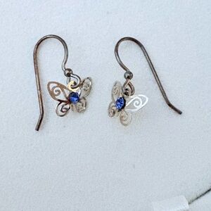 Dainty Dangle Sterling Silver Butterfly Earrings with blue rhinestone